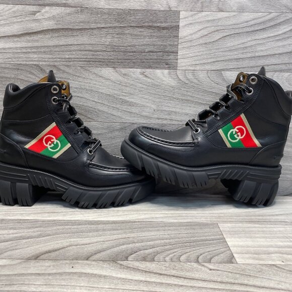 Gucci Quebec Calfskin Web Interlocking G Lace-Up Combat Boots 38 - Picture 2 of 8
